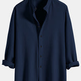Long Sleeve Muscle Fit Ribbed Stand Collar Shirt & Linen Pants Set