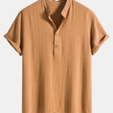 Linen Blend Striped Half Open Placket Henley Collar Shirt