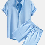 Muscle Fit Ribbed Stand Collar Shirt & Shorts Set