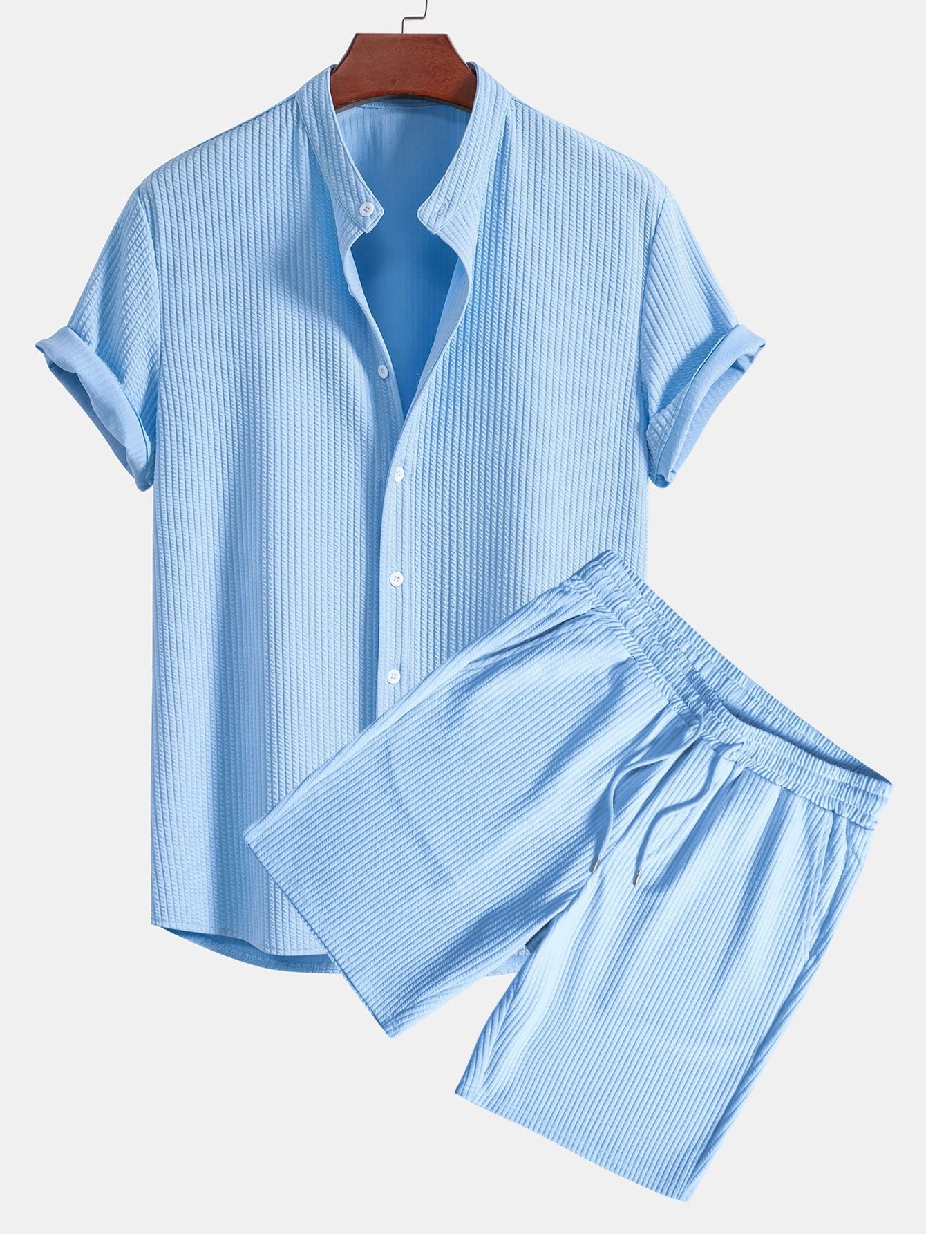 Muscle Fit Ribbed Stand Collar Shirt & Shorts Set