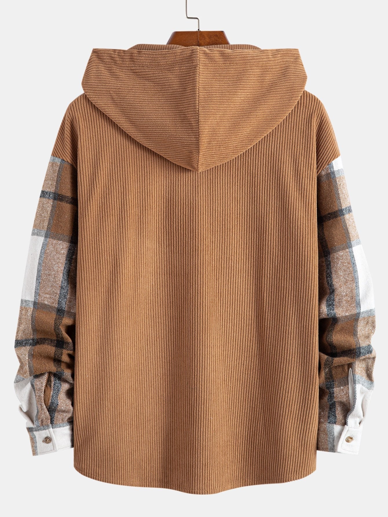 Relax Fit Corduroy Flannel Plaid Patchwork Hooded Shirt