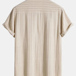 Linen Blend Striped Half Open Placket Henley Collar Shirt & Linen Pants Set