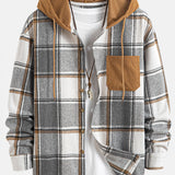 Contrast Corduroy Plaid Hooded Shirt & Drawstring Corduroy Cargo Jogger Set