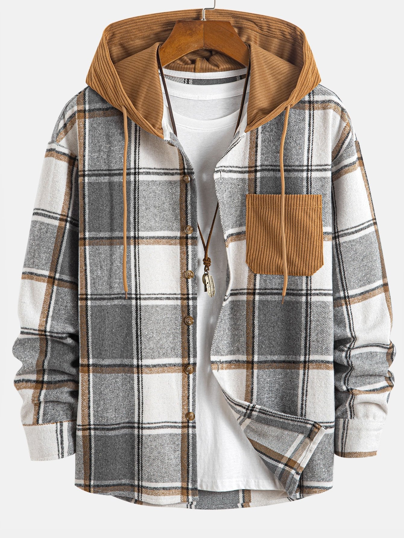 Contrast Corduroy Plaid Hooded Shirt & Drawstring Corduroy Cargo Jogger Set