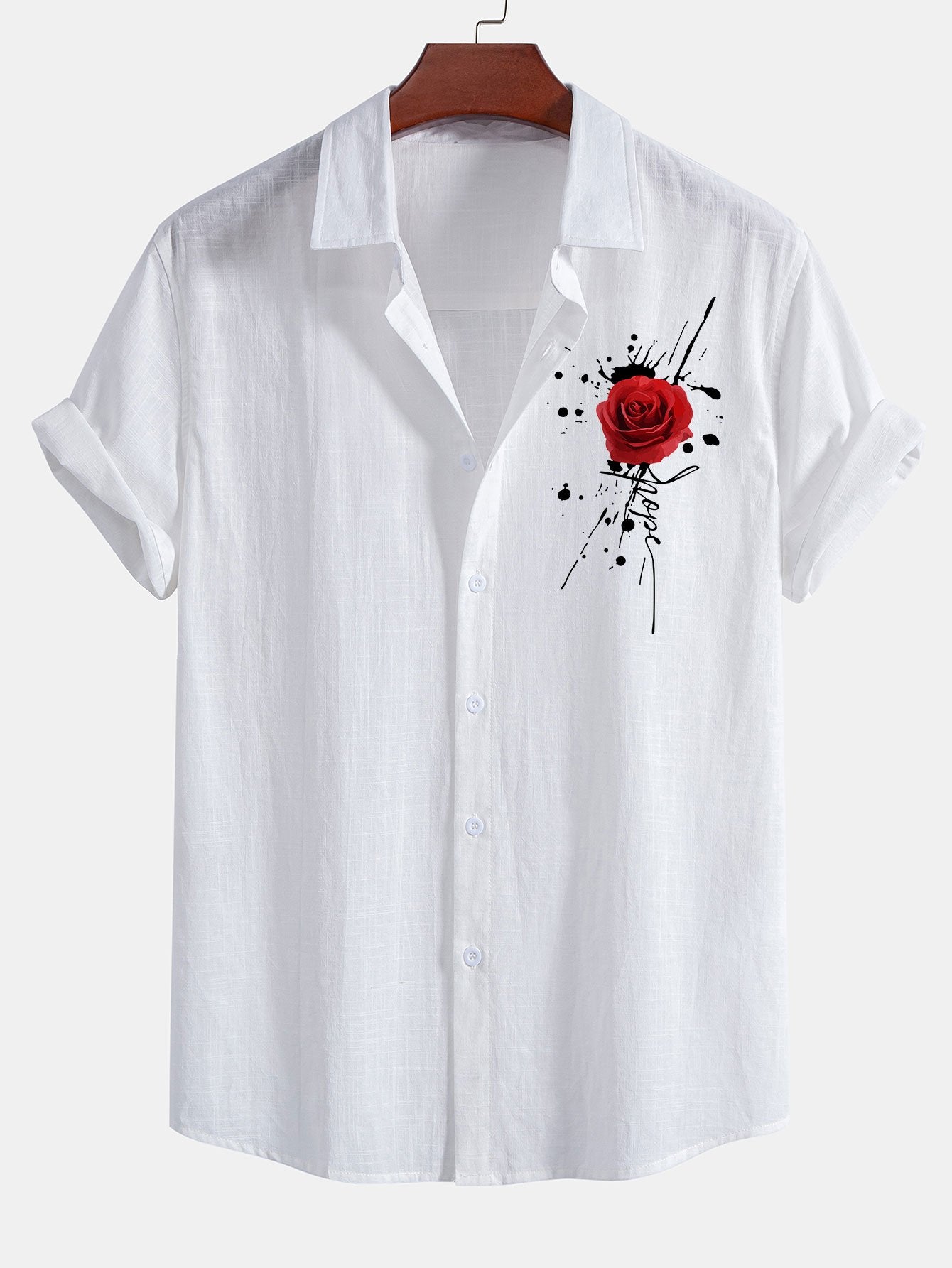 Splash Rose Print Linen Cotton Button Up Shirt