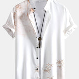 Traditional Oriental Ink Painting Print Stand Collar Shirt