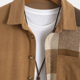 Corduroy Plaid Patchwork Shirt & Drawstring Corduroy Cargo Jogger Pants Set