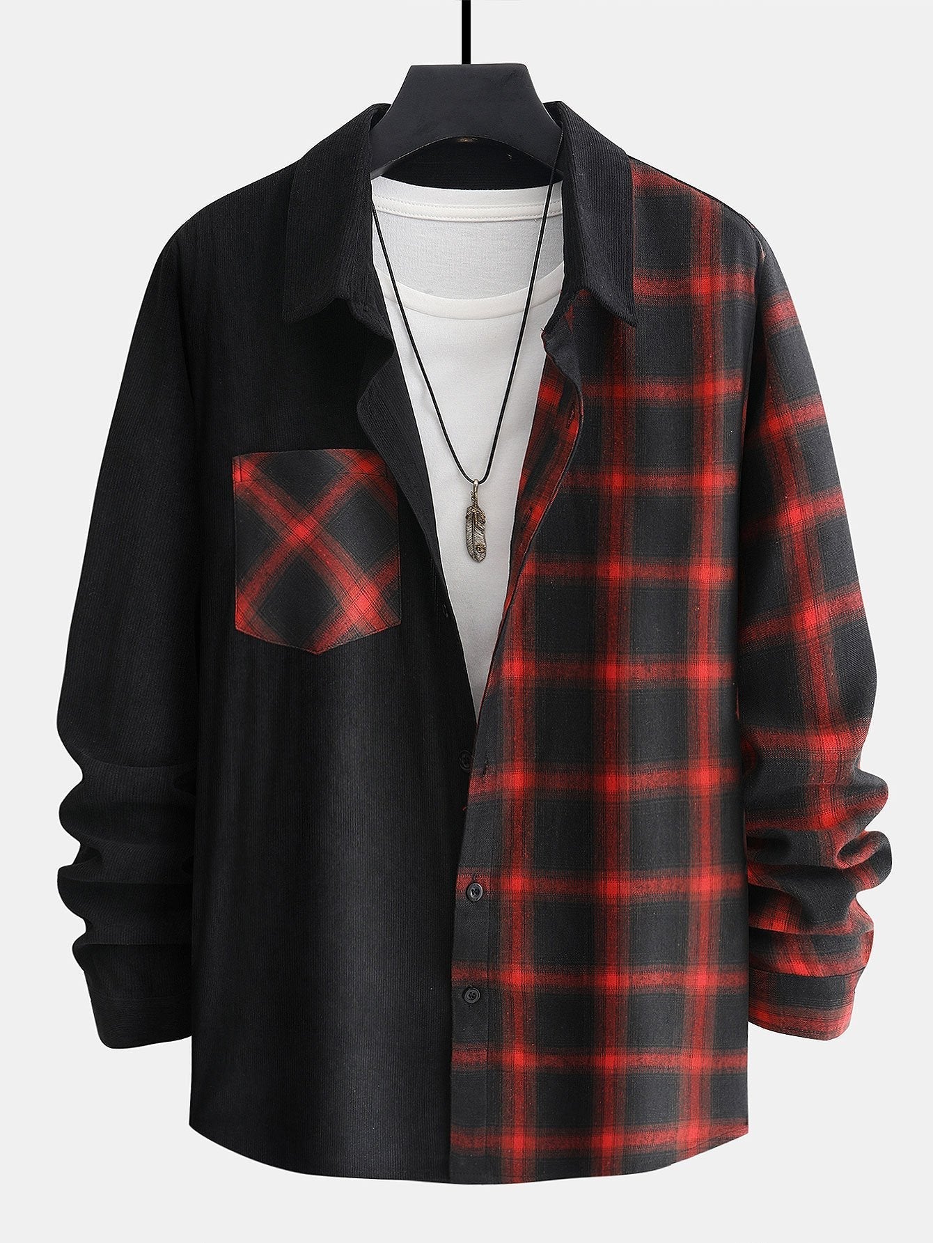 Long Sleeve Corduroy Plaid Panel Shirt & Corduroy Jogger Pants Set