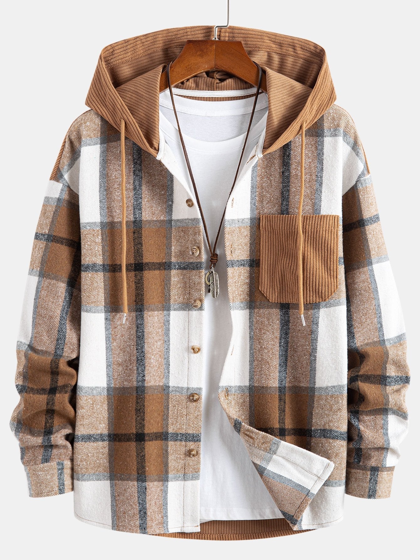 Relax Fit Corduroy Flannel Plaid Patchwork Hooded Shirt