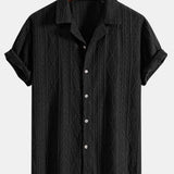 Geometric Jacquard Eyelet Cuban Shirt & Crinkled Textured Drawstring Shorts Set