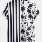 Palm Tree Flamingo Stripe Patchwork Print Button Up Shirt