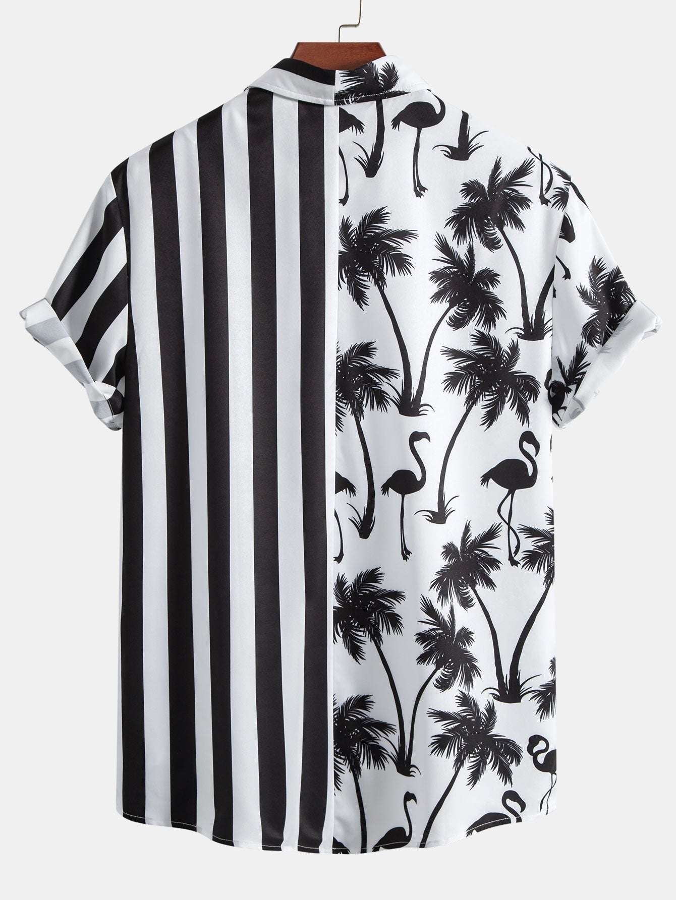Palm Tree Flamingo Stripe Patchwork Print Button Up Shirt