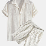 Geometric Jacquard Eyelet Cuban Shirt & Textured Shorts with Lining Set