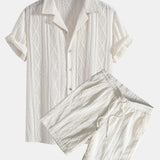 Geometric Jacquard Eyelet Cuban Shirt & Textured Shorts with Lining Set
