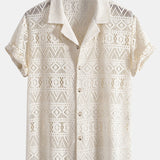 Short Sleeve Geometry Textured Cuban Shirt & Linen Pants Set