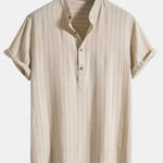 Linen Blend Striped Half Open Placket Henley Collar Shirt & Linen Pants Set