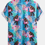 Tropical Plants and Orangutan Print Button Up Shirt