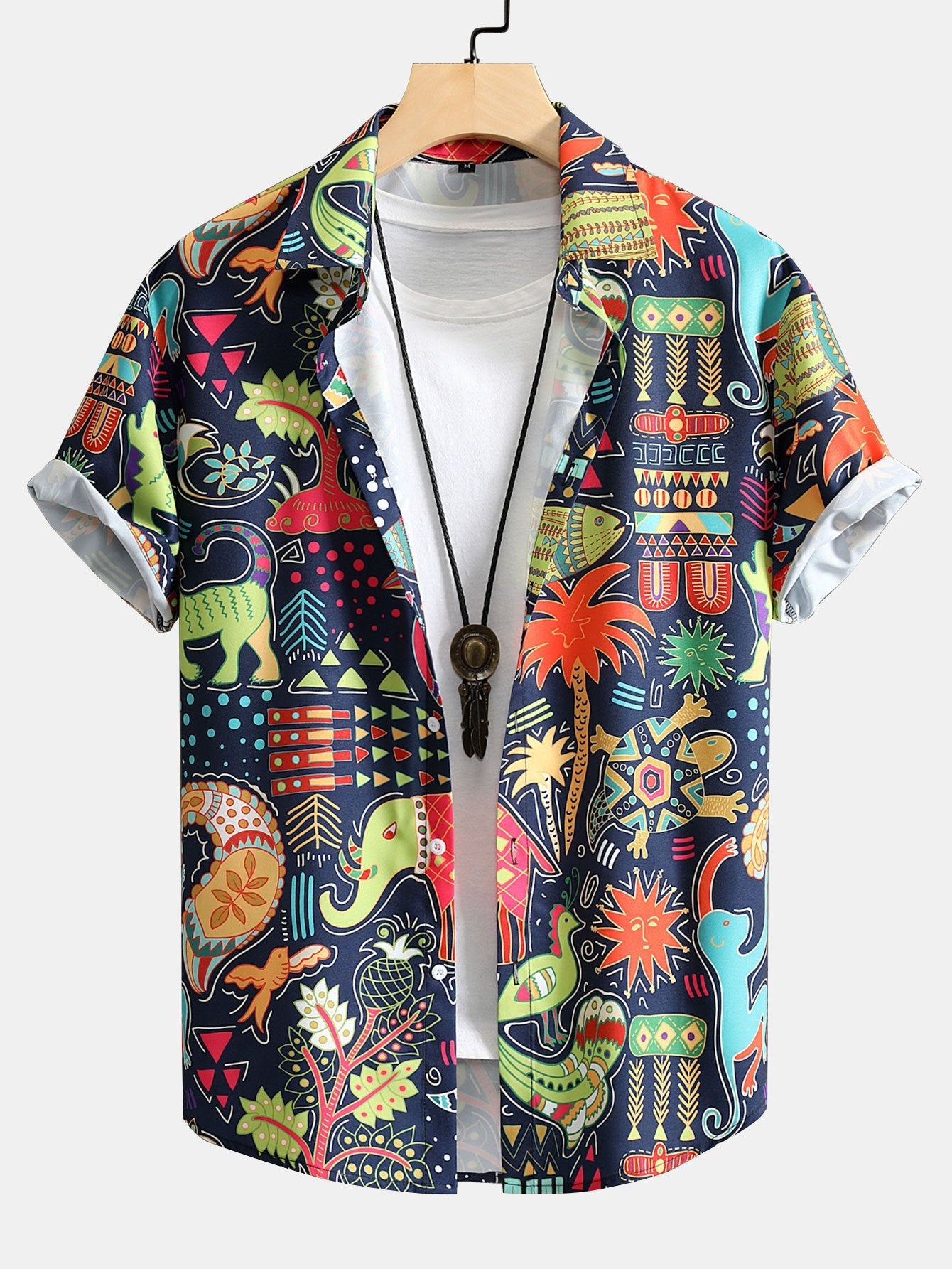 Cartoon Animal and Plant Print Button Up Shirt
