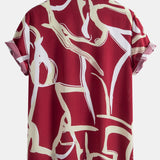 Abstract Print Button Up Shirt & Solid Drawstring Swim Shorts