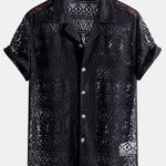 Short Sleeve Geometry Textured Cuban Shirt & Linen Pants Set