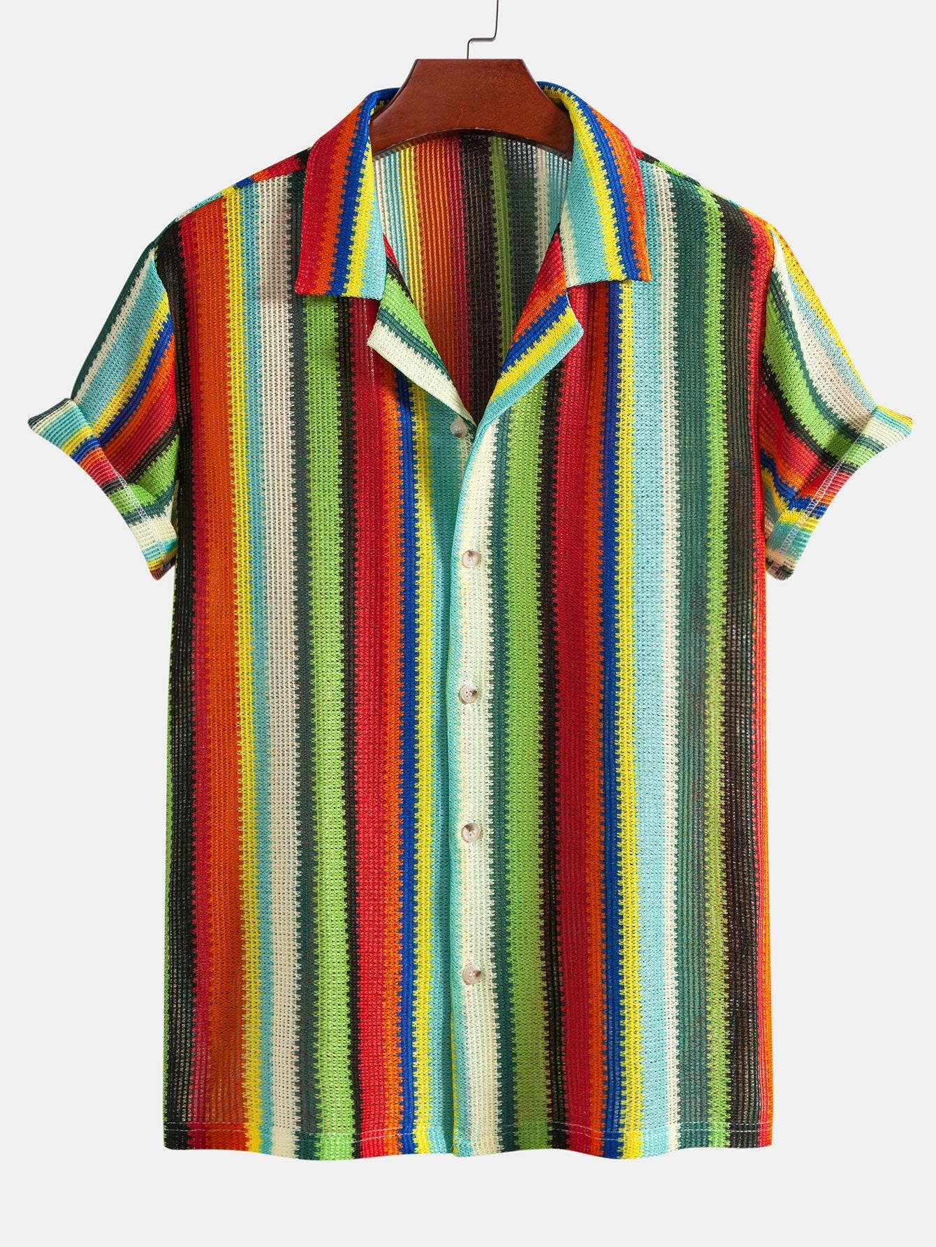 Colorful Striped Waffle Texture Cuban Shirt