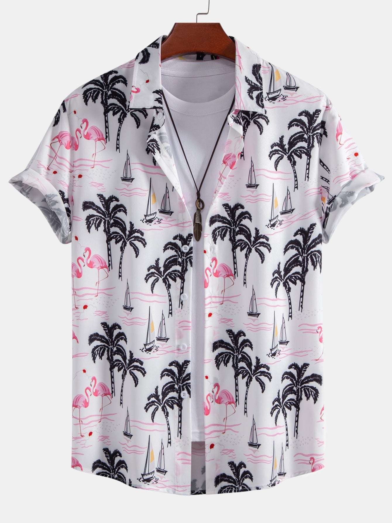Palm Tree Flamingo Print Button Up Shirt