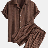 Geometric Jacquard Eyelet Cuban Shirt & Textured Shorts with Lining Set
