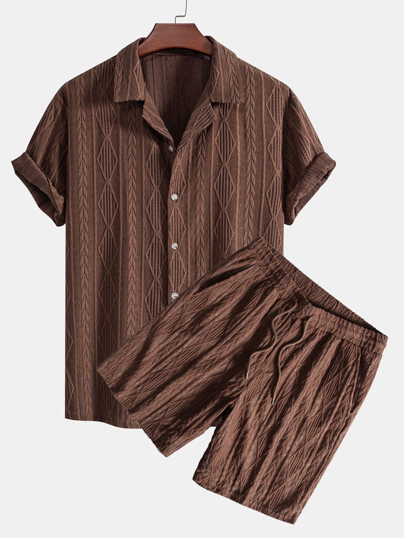 Geometric Jacquard Eyelet Cuban Shirt & Textured Shorts with Lining Set