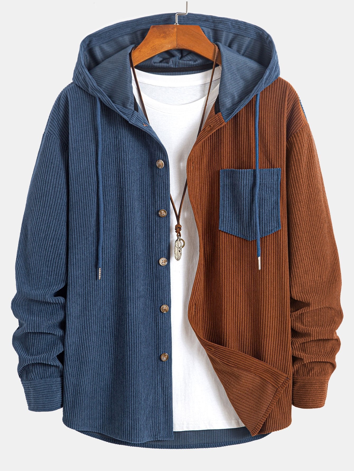 Relax Fit Two Tone Corduroy Hooded Shirt