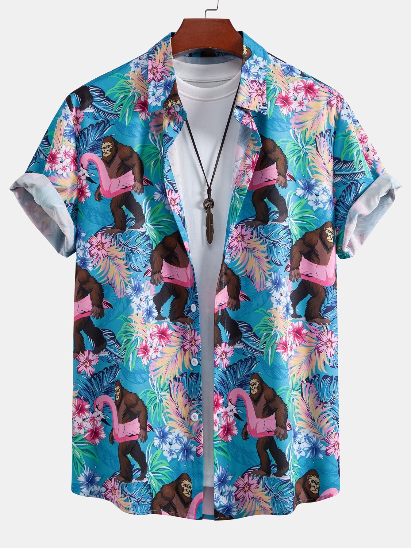 Tropical Plants and Orangutan Print Button Up Shirt