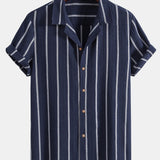 Cotton Blend Striped Cuban Shirt & Straight Leg Linen Pants Set