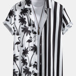 Palm Tree Flamingo Stripe Patchwork Print Button Up Shirt