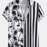 Palm Tree Flamingo Stripe Patchwork Print Button Up Shirt