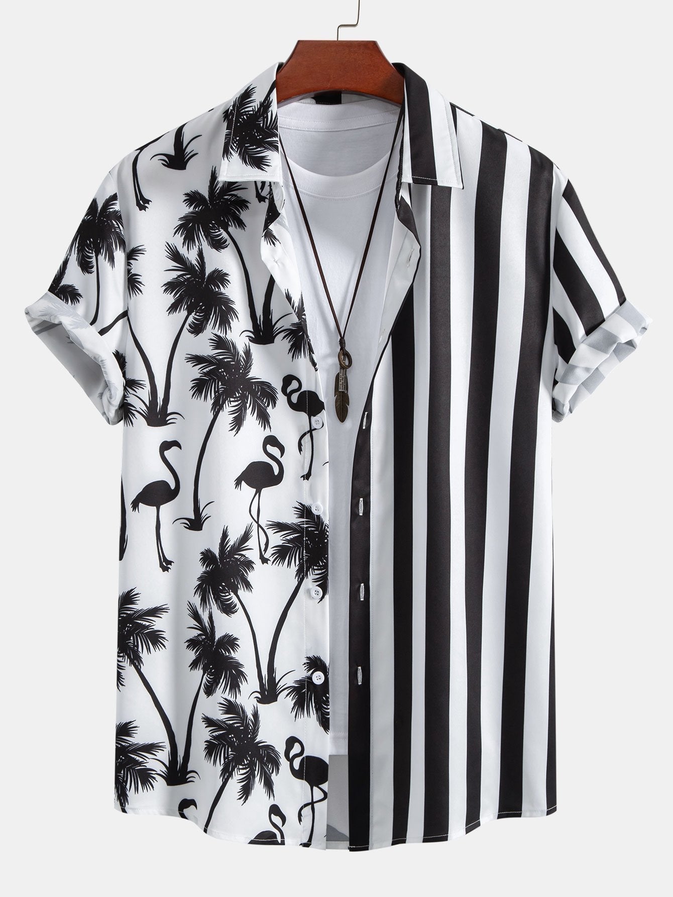 Palm Tree Flamingo Stripe Patchwork Print Button Up Shirt