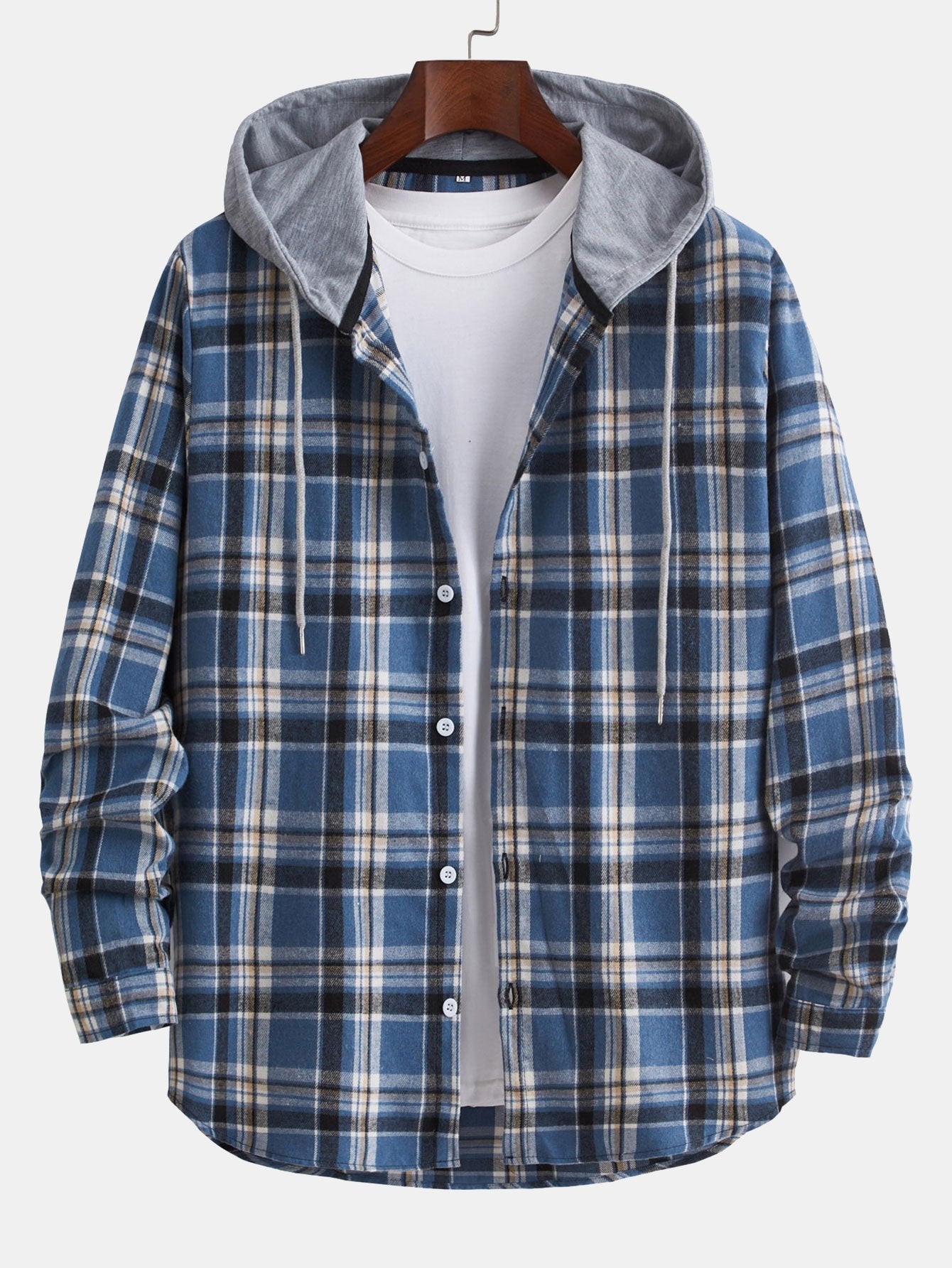 Long Sleeve Hooded Plaid Button Up Shirt