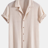 Short Sleeve Knitted Waffle Cuban Shirt & Straight Leg Linen Pants Set