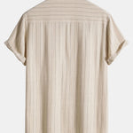 Linen Blend Striped Half Open Placket Henley Collar Shirt