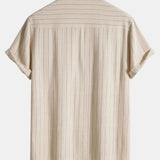 Linen Blend Striped Half Open Placket Henley Collar Shirt
