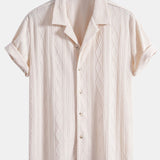 Knitted Geometric Rhombus Jacquard Cuban Shirt & Linen Pants Set