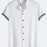 Muscle Fit Stripe Threaded Cuff Stand Collar Shirt