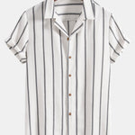 Cotton Blend Striped Cuban Shirt & Striped Print Swim Shorts Set