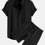 Muscle Fit Ribbed Stand Collar Shirt & Shorts Set