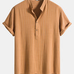 Linen Blend Striped Henley Collar Shirt & Linen Cotton Blend 11" Shorts Set