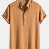 Linen Blend Striped Henley Collar Shirt & Linen Cotton Blend 11" Shorts Set