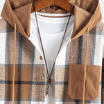 Relax Fit Corduroy Flannel Plaid Patchwork Hooded Shirt