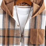 Relax Fit Corduroy Flannel Plaid Patchwork Hooded Shirt