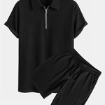 Muscle Fit Ribbed Half Zip Polo & Shorts Set