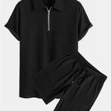 Muscle Fit Ribbed Half Zip Polo & Shorts Set
