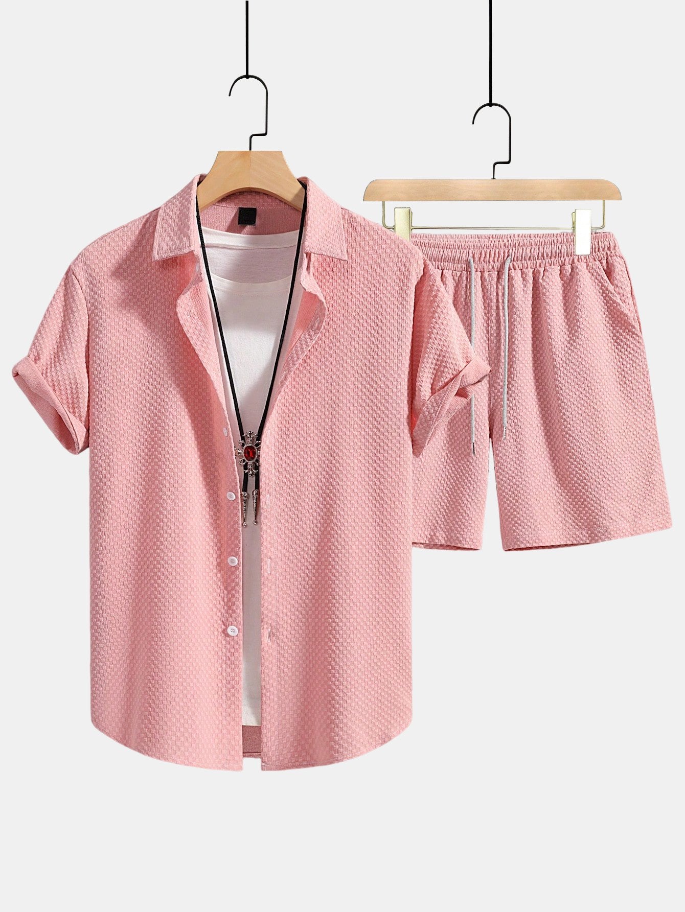 Checkerboard Texture Shirt & Drawstring Shorts Set
