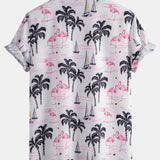 Palm Tree Flamingo Print Button Up Shirt